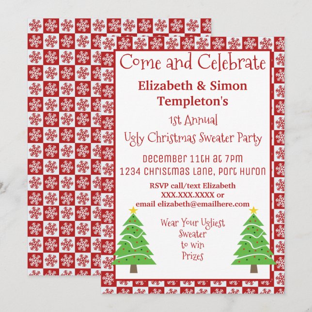 Ugly Christmas Sweater Party Red and White Festive Invitation (Front/Back)