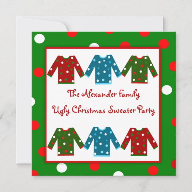 Ugly Christmas Sweater Party Red Green Polka Dots Invitation (Front)