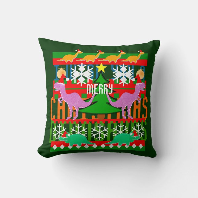 Ugly Christmas Sweater Pattern Cartoon Dinosaurs Cushion (Front)