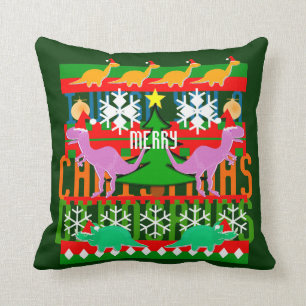 Ugly Christmas Sweater Pattern Cartoon Dinosaurs Cushion