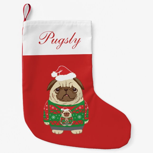 Ugly Christmas Sweater pug Small Christmas Stocking (Front)