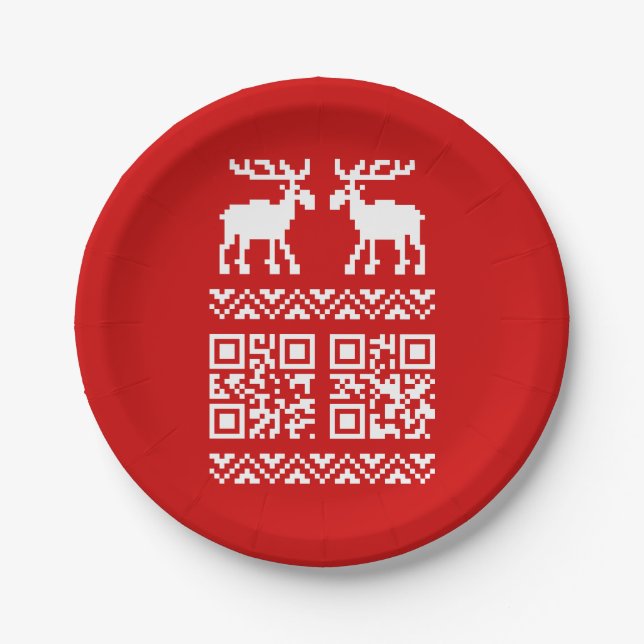 Ugly Christmas Sweater QR Code Happy New Year ! Paper Plate (Front)