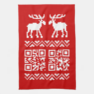 Ugly Christmas Sweater QR Code Happy New Year ! Tea Towel