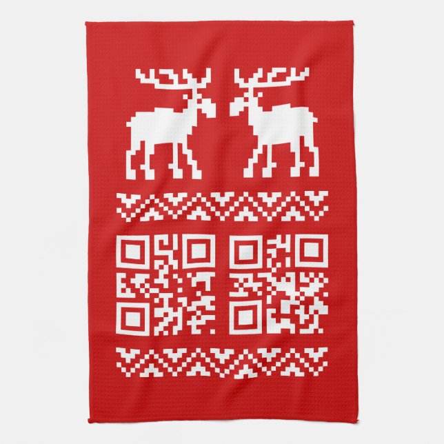 Ugly Christmas Sweater QR Code Happy New Year ! Tea Towel (Vertical)