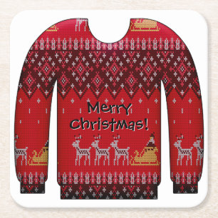 Ugly Christmas Sweater Red Disposable Square Paper Coaster