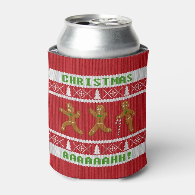 Ugly Christmas Sweater Scared Gingerbread Men Red Can Cooler (Can Front)