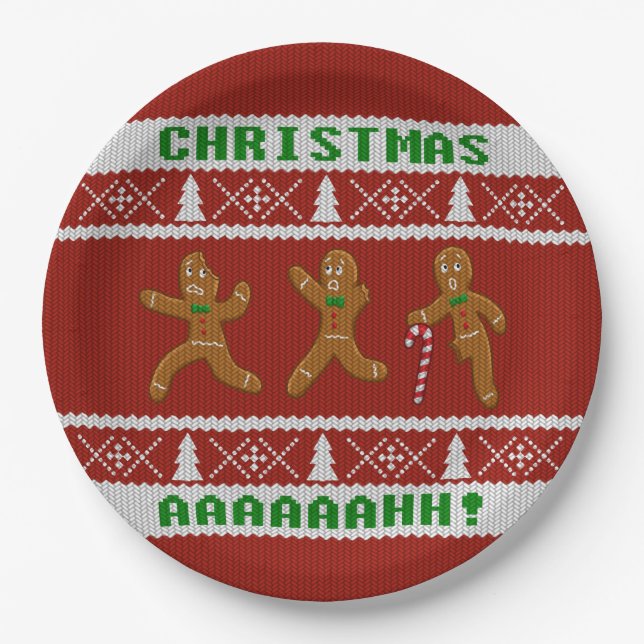 Ugly Christmas Sweater Scared Gingerbread Men Red Paper Plate (Front)
