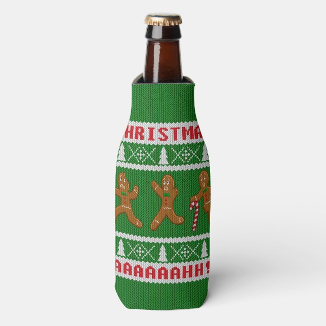 Ugly Christmas Sweater Scared Gingerbreadmen Green Bottle Cooler (Bottle Front)