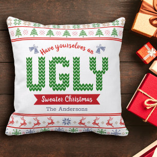 Ugly Christmas Sweater Tacky Nordic Red Green Knit Cushion