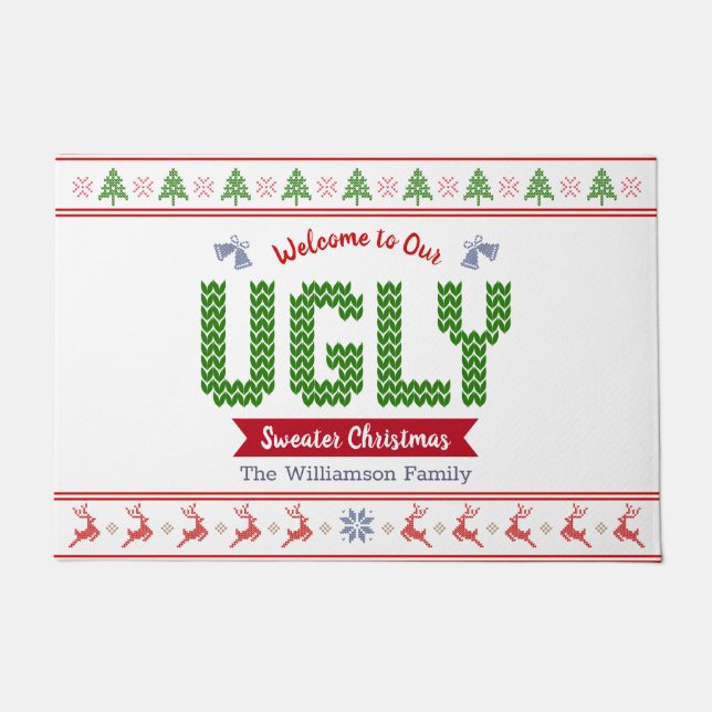 Ugly Christmas Sweater Tacky Nordic Red Green Knit Doormat (Front)