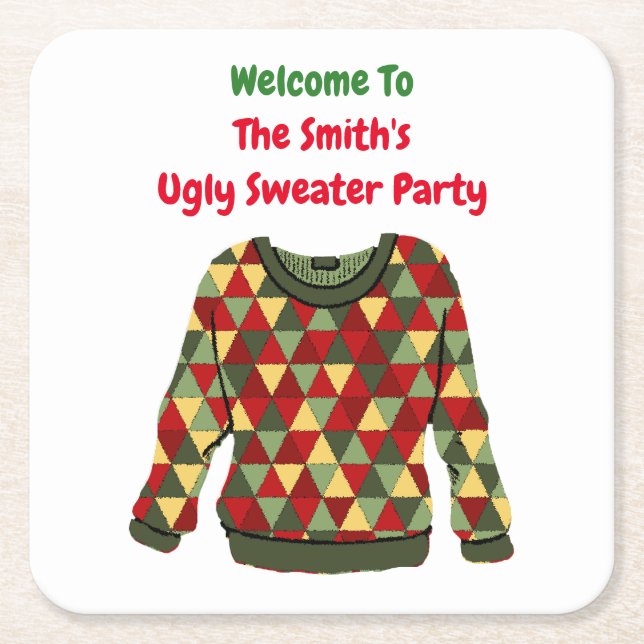 Ugly Christmas sweater theme triangles  Square Paper Coaster (Front)