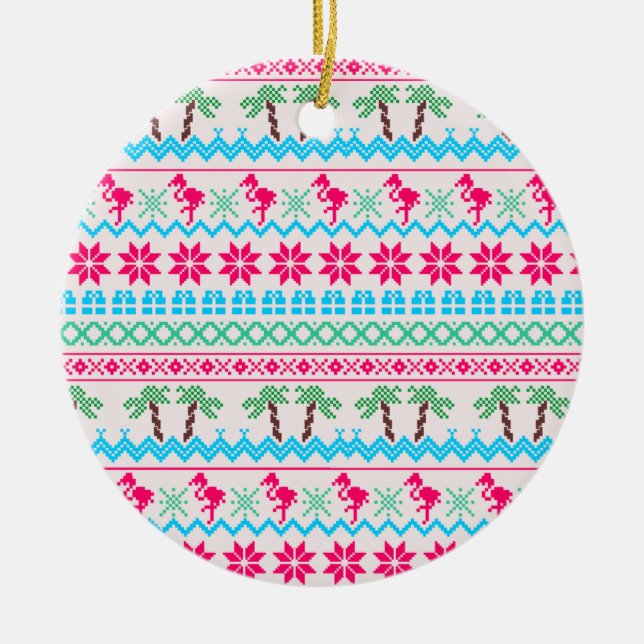 Ugly Christmas Sweater Tropical Flamingo Ceramic Ornament (Front)