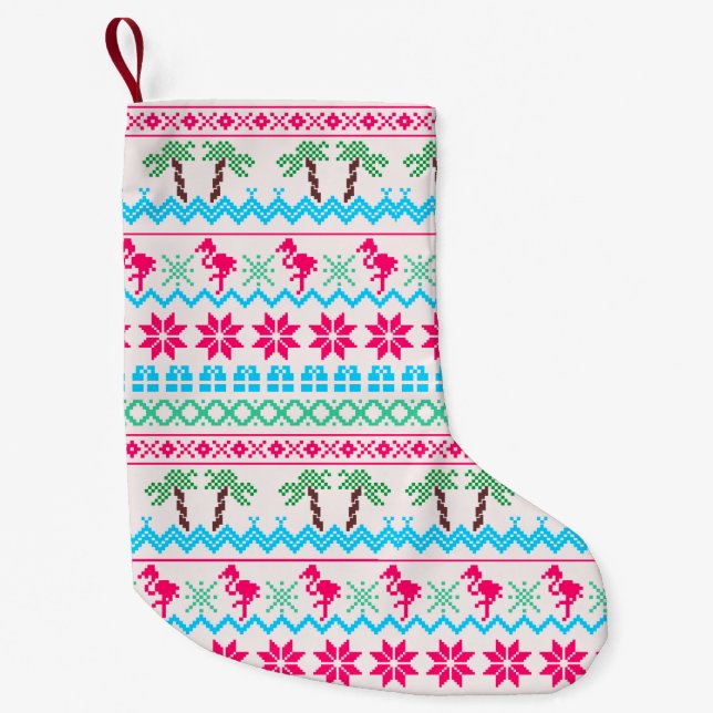 Ugly Christmas Sweater Tropical Flamingo Small Christmas Stocking (Front)