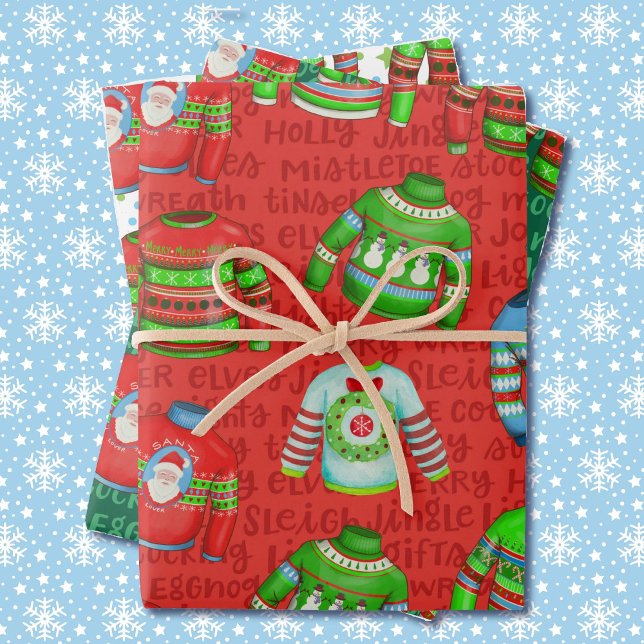 Ugly Christmas Sweaters in Red and Green 3 Wrapping Paper Sheet (Creator Uploaded)