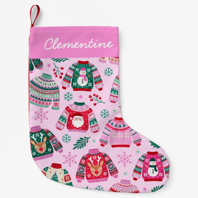 Ugly Christmas Sweaters on Pink with Name Small Christmas Stocking (Front)