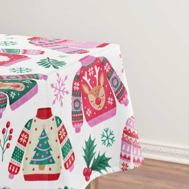 Ugly Christmas Sweaters With Santa and Reindeer Tablecloth (In Situ)