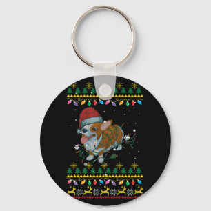 Ugly Christmas Sweatshirt Corgi Christmas Lights Key Ring