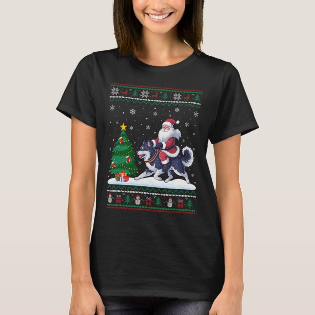Ugly Christmas Tree Lights Santa Riding Alaskan Kl T-Shirt (Front)