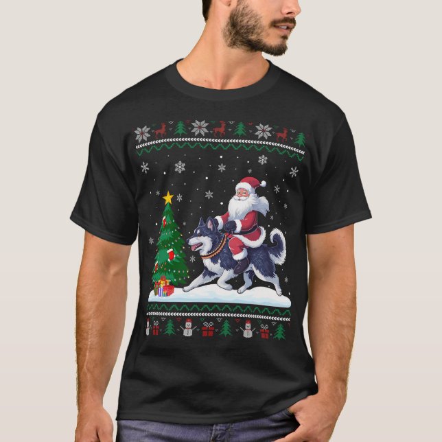 Ugly Christmas Tree Lights Santa Riding Alaskan Kl T-Shirt (Front)