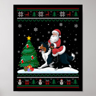 Ugly Christmas Tree Lights Santa Riding Border Col Poster
