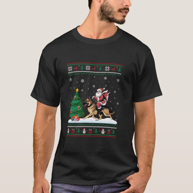 Ugly Christmas Tree Lights Santa Riding German She T-Shirt (Front)