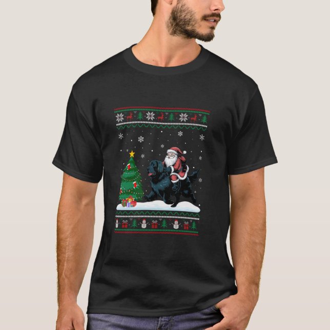 Ugly Christmas Tree Lights Santa Riding Newfoundla T-Shirt (Front)