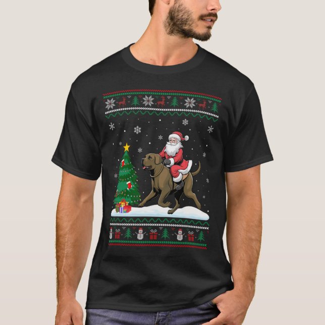 Ugly Christmas Tree Lights Xmas Santa Riding Afado T-Shirt (Front)