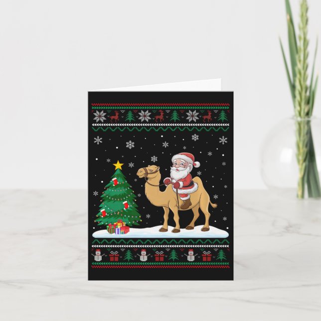 Ugly Christmas Tree Lights Xmas Santa Riding Bactr Card (Front)