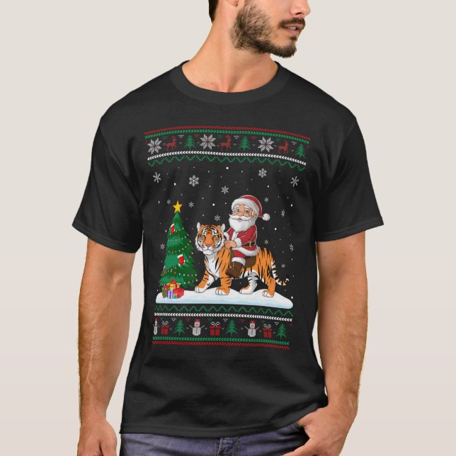 Ugly Christmas Tree Lights Xmas Santa Riding Benga T-Shirt (Front)