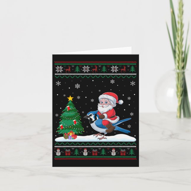 Ugly Christmas Tree Lights Xmas Santa Riding Blue  Card (Front)