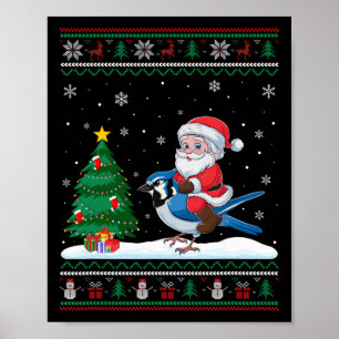 Ugly Christmas Tree Lights Xmas Santa Riding Blue Poster
