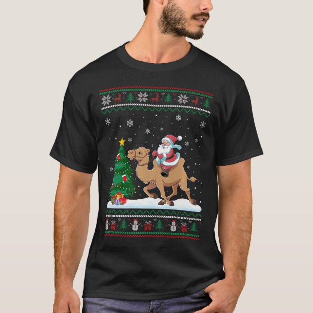 Ugly Christmas Tree Lights Xmas Santa Riding Camel T-Shirt (Front)