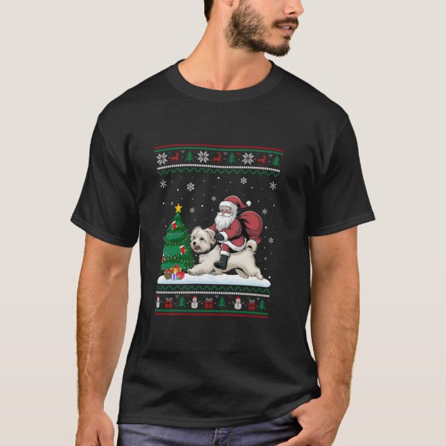 Ugly Christmas Tree Lights Xmas Santa Riding Malte T-Shirt (Front)