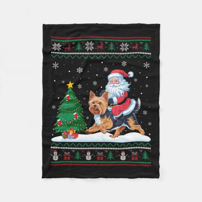 Ugly Christmas Tree Lights Xmas Santa Riding Yorki Fleece Blanket (Front)