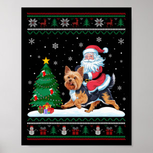 Ugly Christmas Tree Lights Xmas Santa Riding Yorki Poster