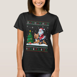 Ugly Christmas Tree Lights Xmas Santa Riding Yorki T-Shirt