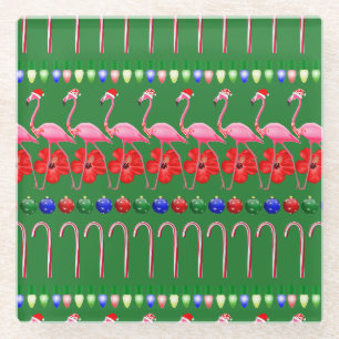 Ugly Christmas Tropical Pink Flamingos on Holiday Glass Coaster