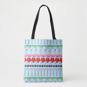 Ugly Christmas Tropical Pink Flamingos on Light Bl Tote Bag