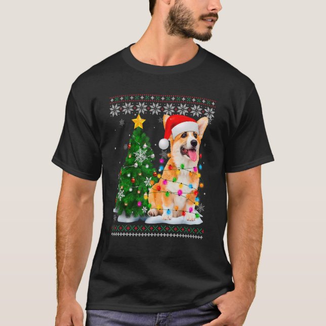 Ugly Corgi Dog Santa Hat Christmas Tree Light T-Shirt (Front)