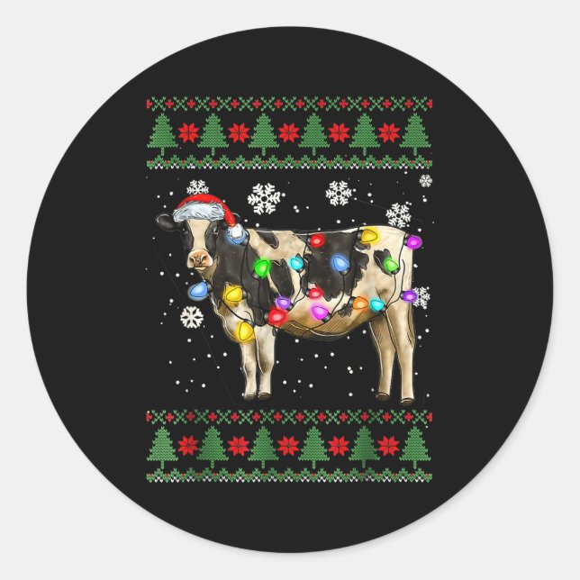 Ugly Cow Christmas Sweater Santa Hat And Light Up  Classic Round Sticker (Front)