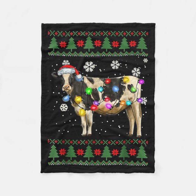 Ugly Cow Christmas Sweater Santa Hat And Light Up  Fleece Blanket (Front)