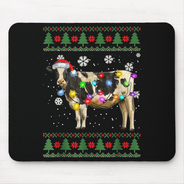Ugly Cow Christmas Sweater Santa Hat And Light Up  Mouse Pad (Front)