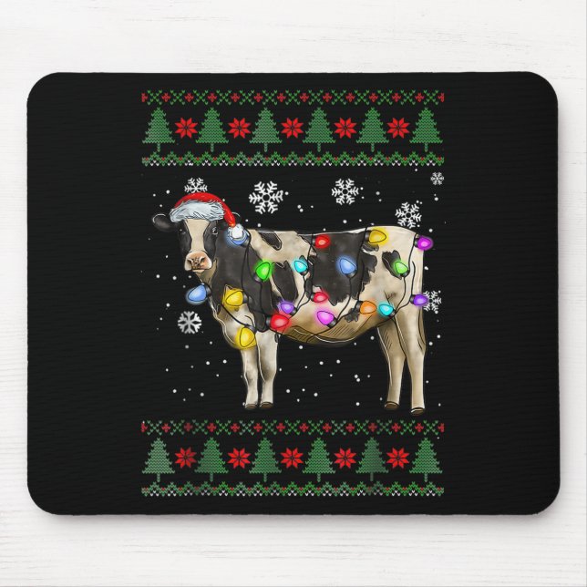 Ugly Cow Christmas Sweater Santa Hat And Light Up  Mouse Pad (Front)