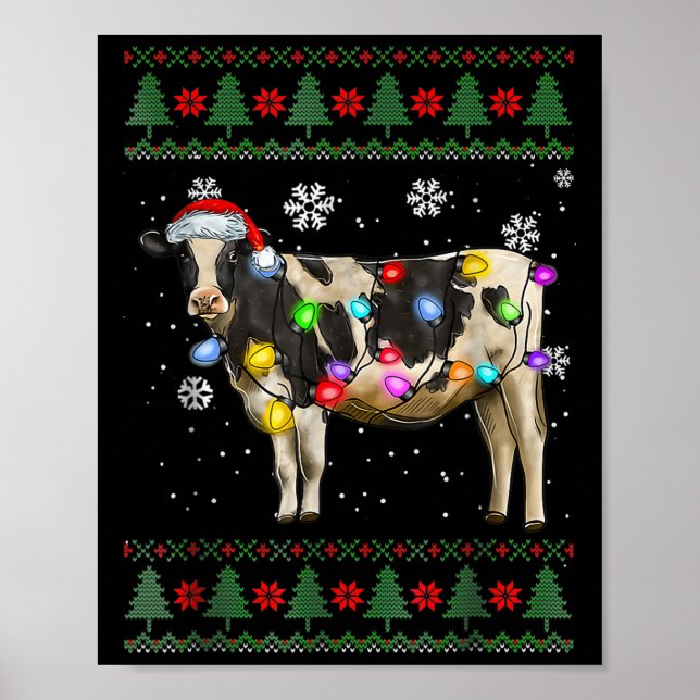 Ugly Cow Christmas Sweater Santa Hat And Light Up  Poster (Front)