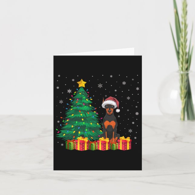 Ugly Doberman Pinscher Santa Hat Christmas Lights  Card (Front)