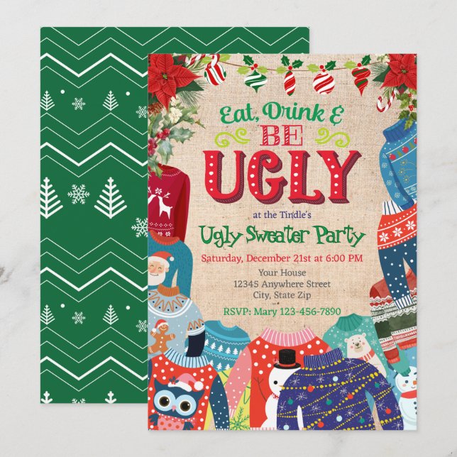 Ugly "Eat Drink & be Ugly" Christmas Sweater Party Holiday Card (Front/Back)