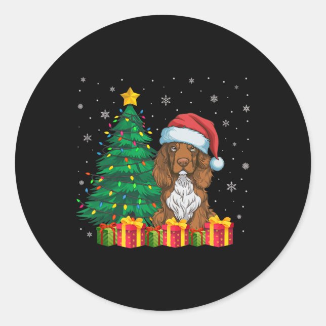 Ugly Field Spaniel Santa Hat Christmas Lights Dog  Classic Round Sticker (Front)