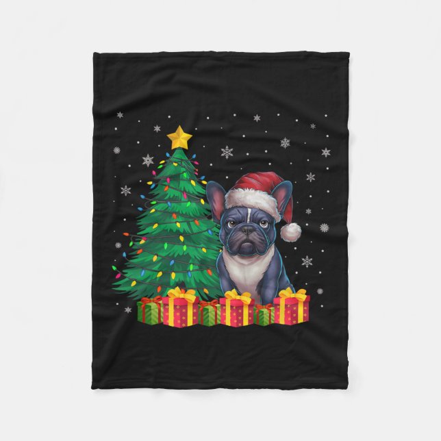 Ugly French Bulldog Santa Hat Christmas Lights Dog Fleece Blanket (Front)
