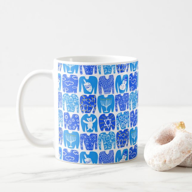 Ugly Hannukah Sweater Holiday Pattern Coffee Mug (With Donut)