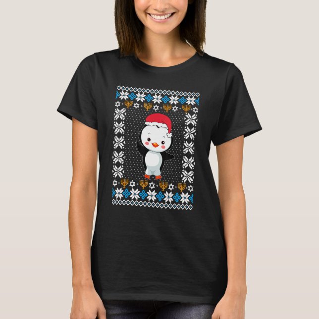 UGLY Hanukkah Christmas Pajama Penguins Santa Hat T-Shirt (Front)